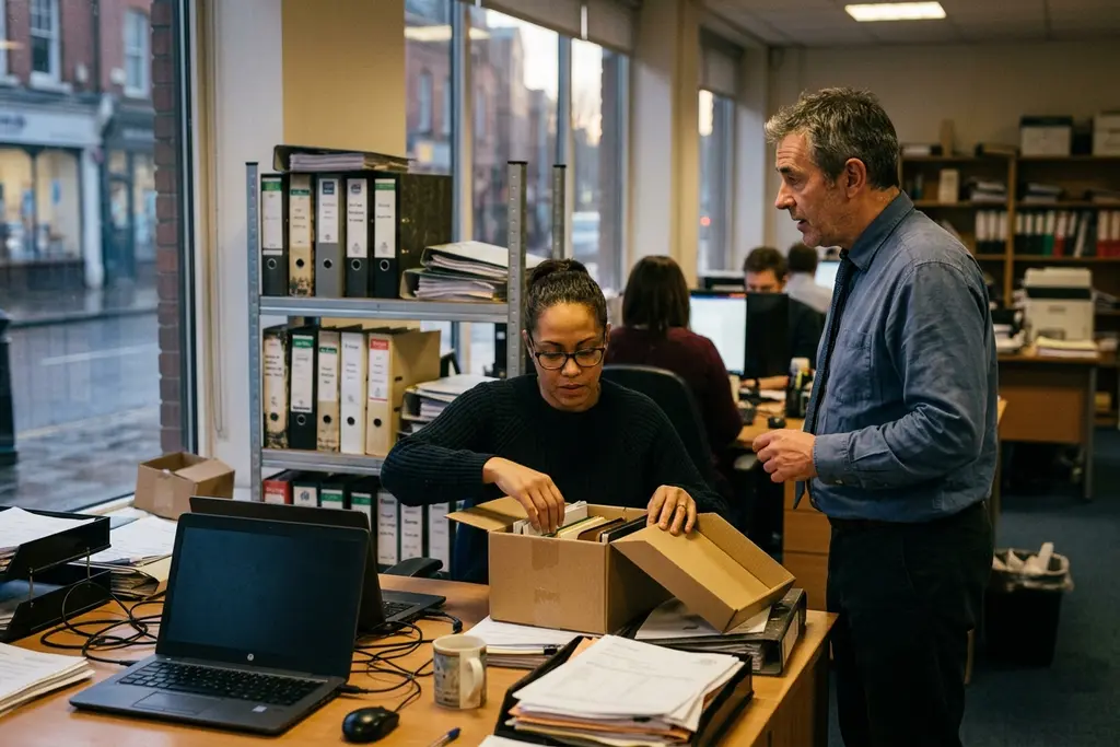 Accountant leaving practice for industry, packing a desk in a UK office