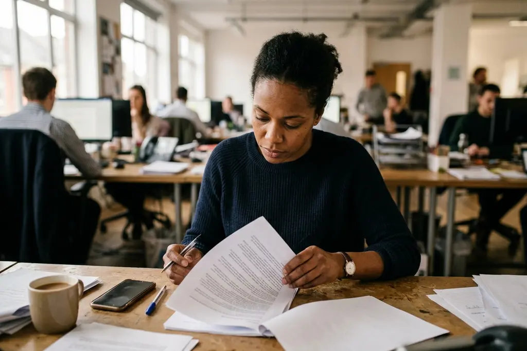 Sales professional reviewing a commission plan document at a desk