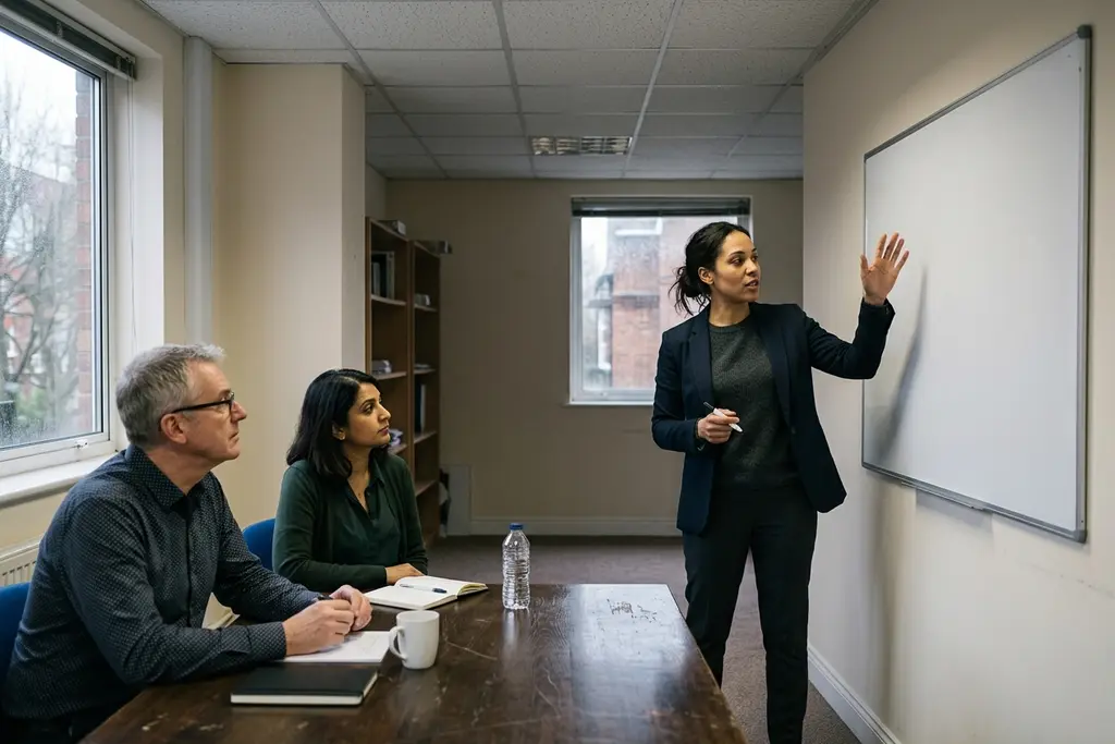 Candidate working through a technical exercise at a whiteboard in an interview