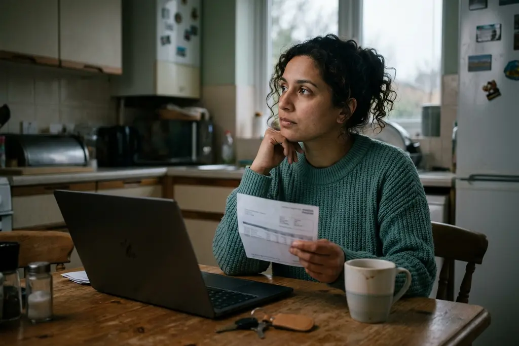 Person at a kitchen table comparing a payslip against a job advert on a laptop