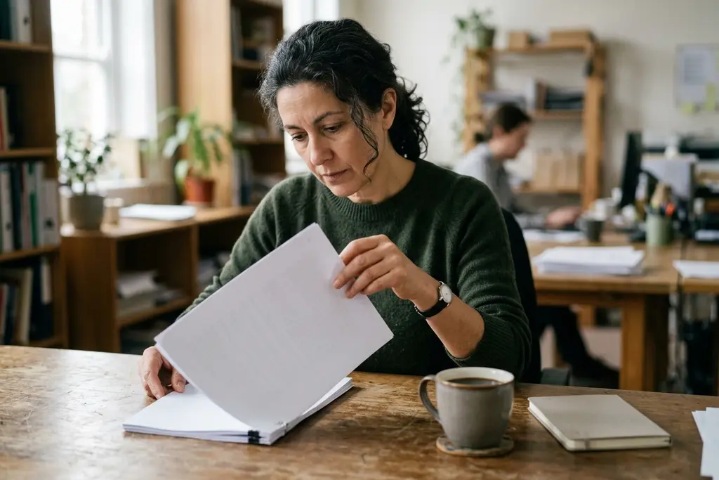 Reader working through a printed careers guide at a desk with a coffee