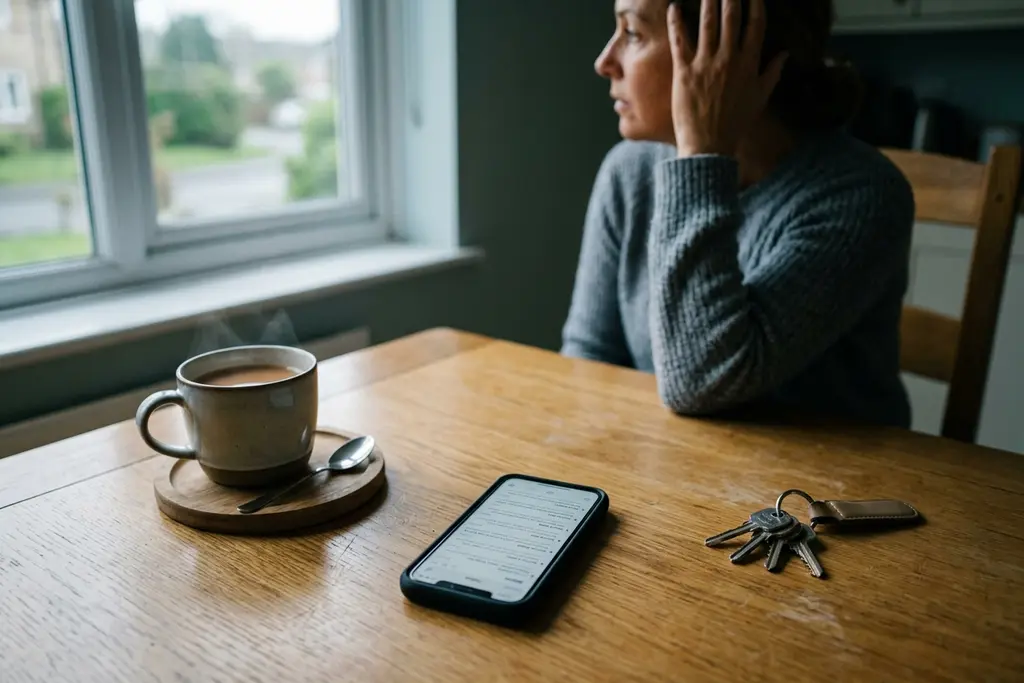 Phone on a kitchen table showing a new job alert email beside a mug and keys
