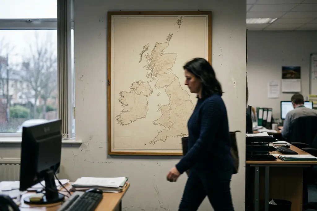 Unlabelled map of Great Britain on an office wall with people working nearby