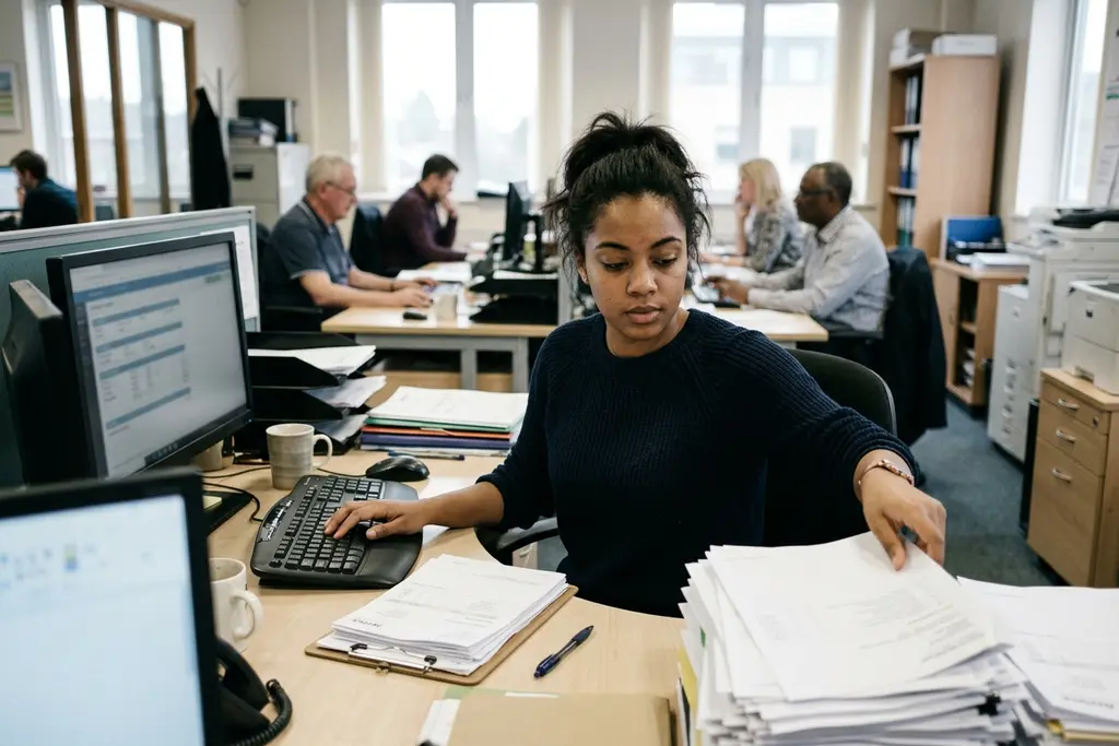 Accounting technician processing purchase invoices in a UK finance office