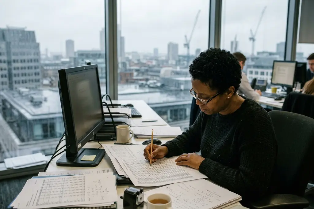 Actuary working through pricing calculations at a desk in a UK insurance office