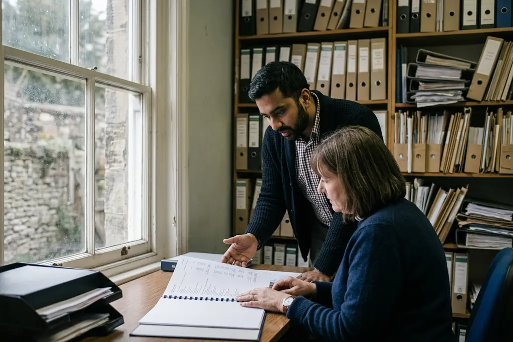 Chartered accountants reviewing statutory accounts together in a UK practice