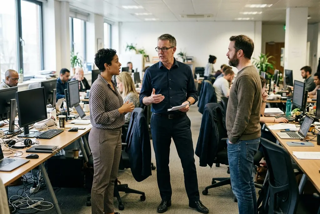 Chief executive talking with staff on the floor of a UK business