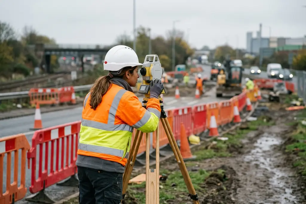 Civil engineer surveying on a UK infrastructure construction site
