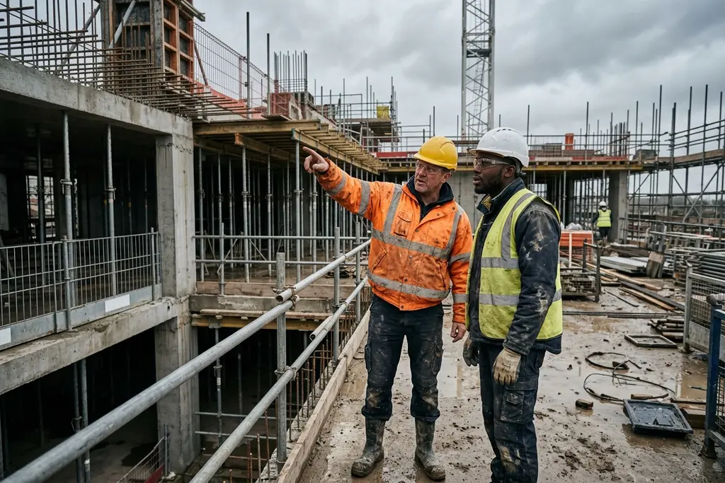Construction site manager checking progress on a UK building site