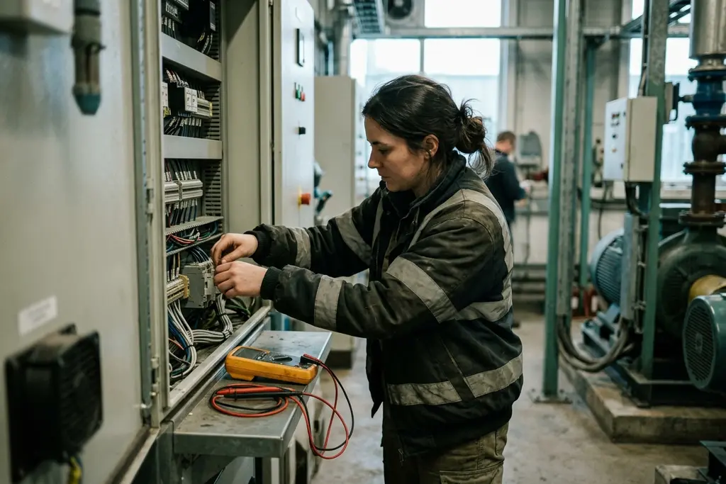 Electrical engineer working on a control panel at a UK industrial site