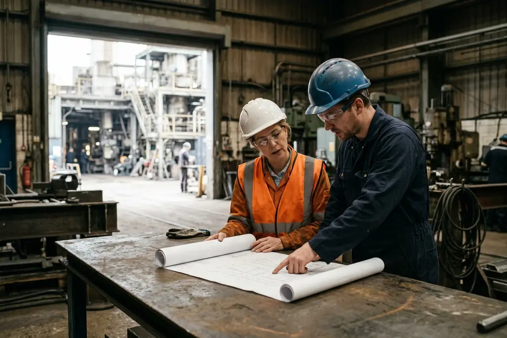 Engineering project manager and engineer reviewing drawings at a UK industrial site