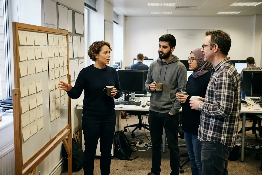 IT project manager running a delivery stand-up beside a planning board