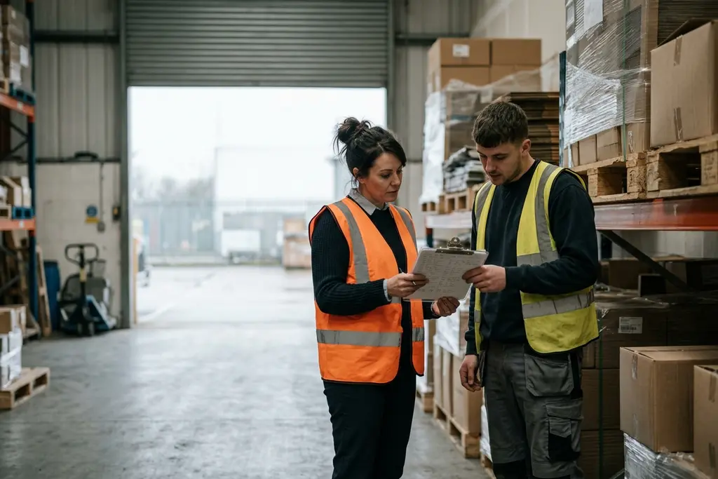 Procurement manager meeting a supplier beside pallets in a UK warehouse
