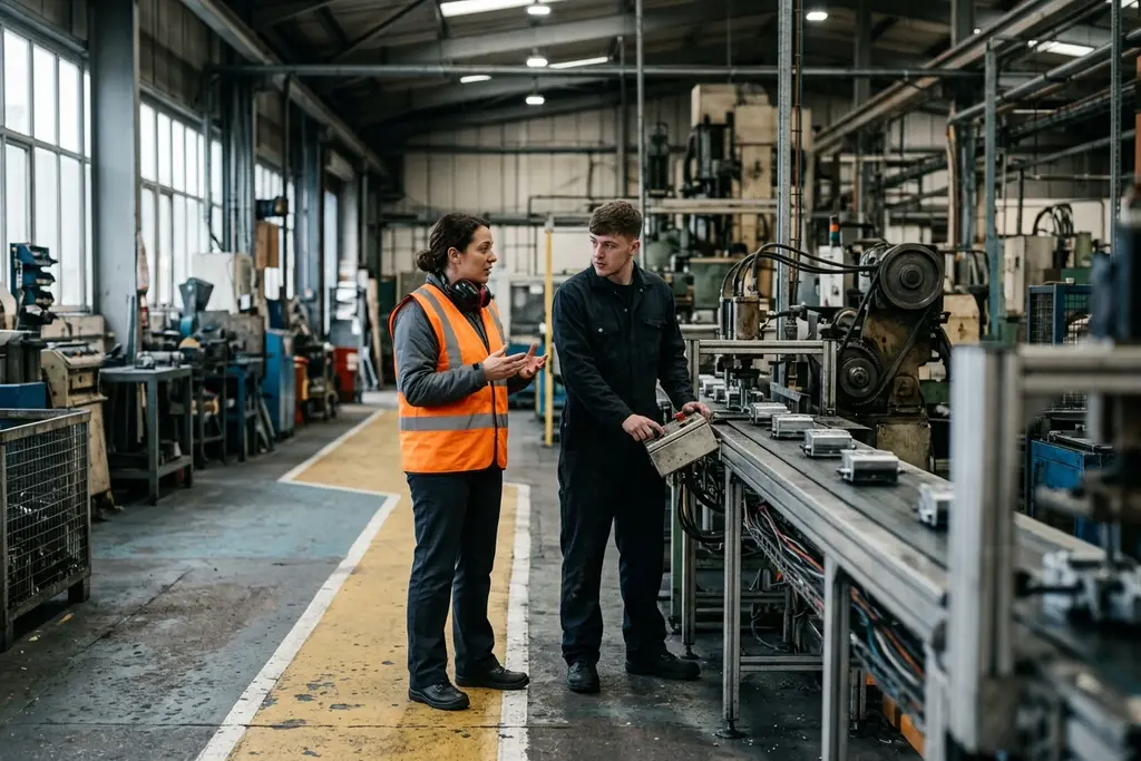 Production manager on the floor of a UK manufacturing plant during a shift