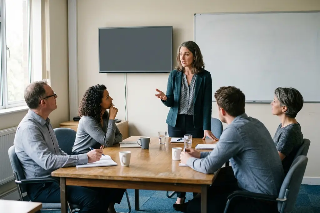 Sales and marketing director leading a commercial meeting in a UK boardroom