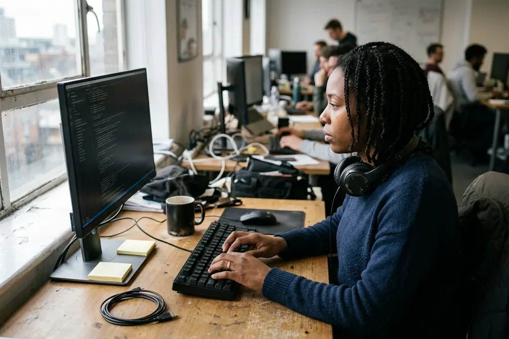Software developer writing code at a desk in a UK technology office