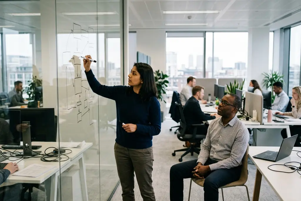 Solutions architect sketching a system design on a glass wall in a UK office