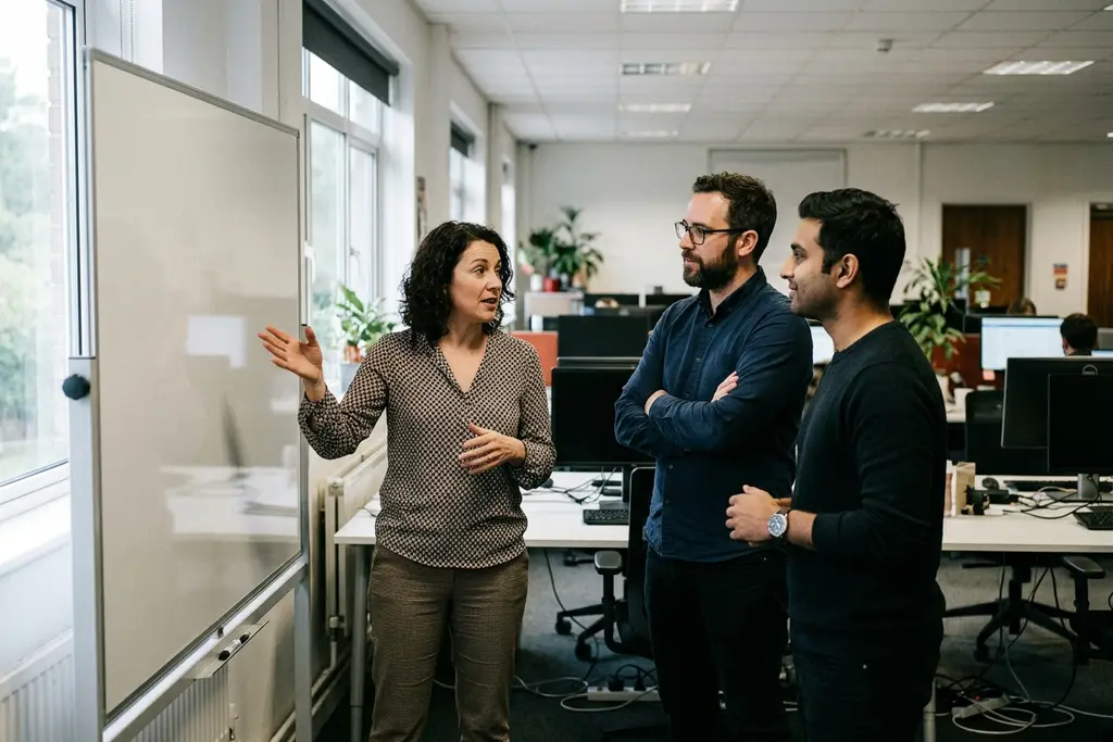 Business development team working through a sales pipeline at a whiteboard in a UK office