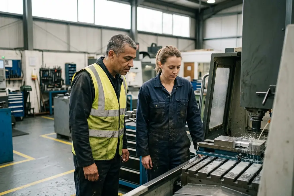Production manager and engineer inspecting a machine on a UK factory floor