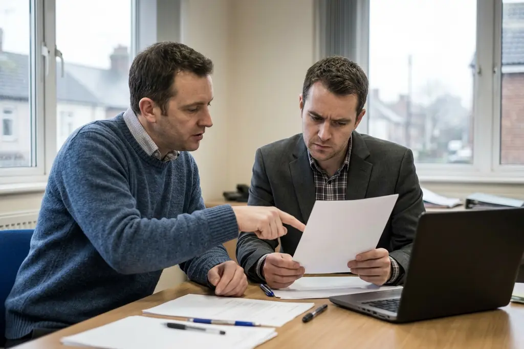 Finance team reviewing month-end figures together in a UK office meeting room