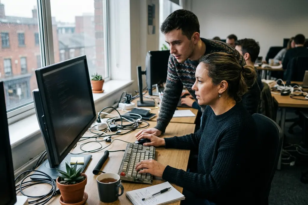 Software developers reviewing code together at a desk in a UK technology office